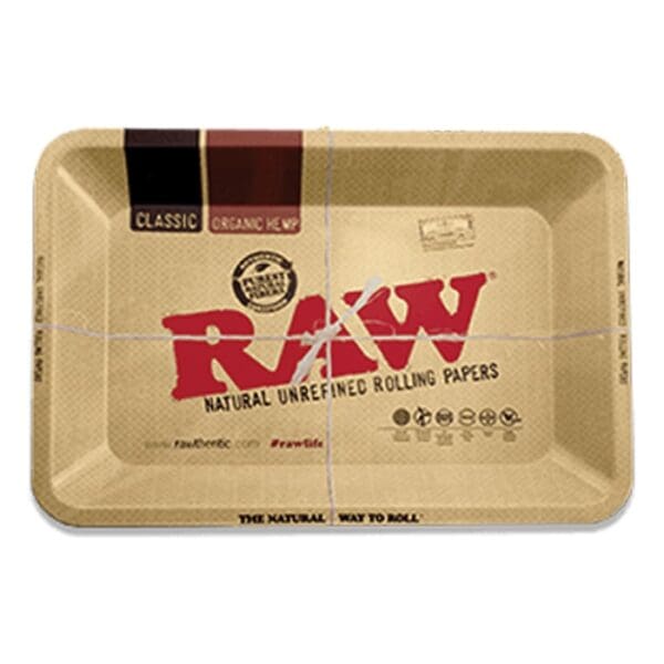 Raw rolling papers tray with branding.