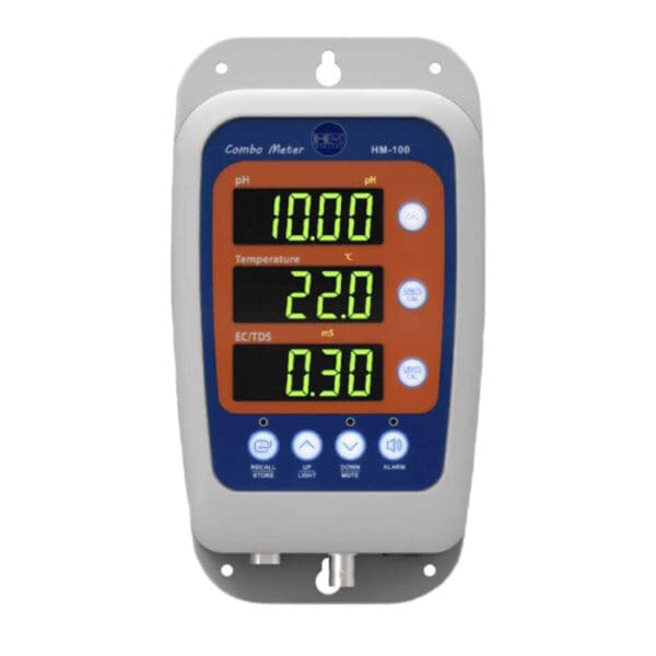 Digital pH and temperature meter display.