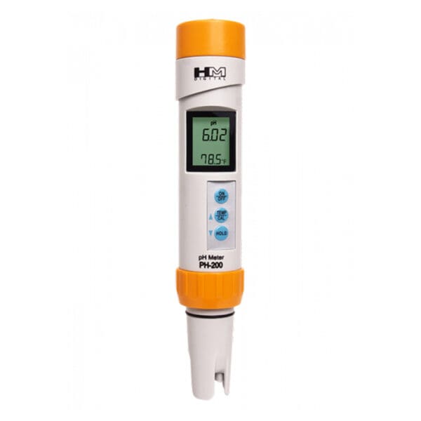 Digital pH meter with temperature display.