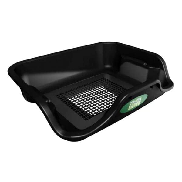 Black plastic tray with a mesh bottom.