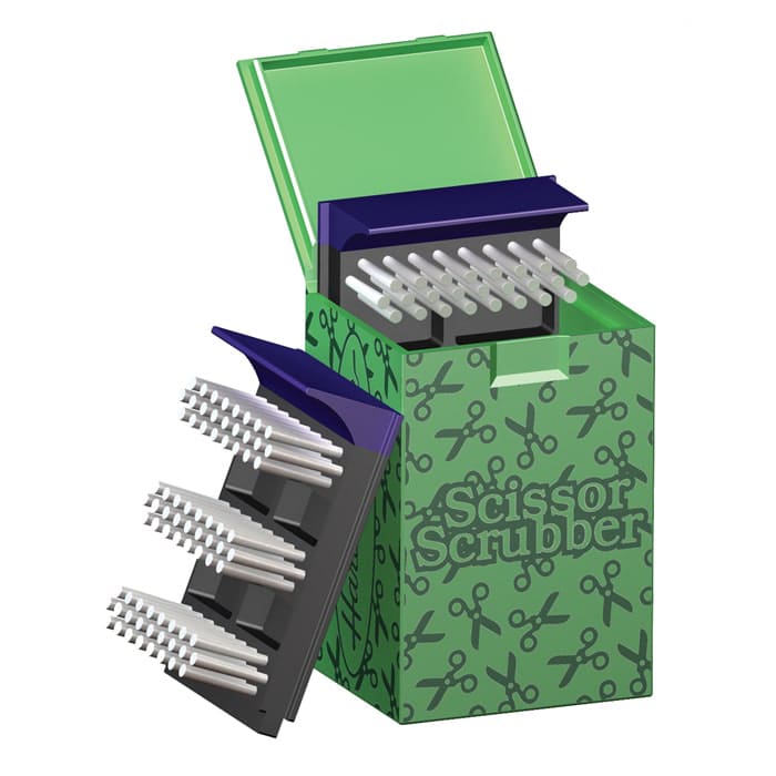 Scissor scrubber storage box with brushes.