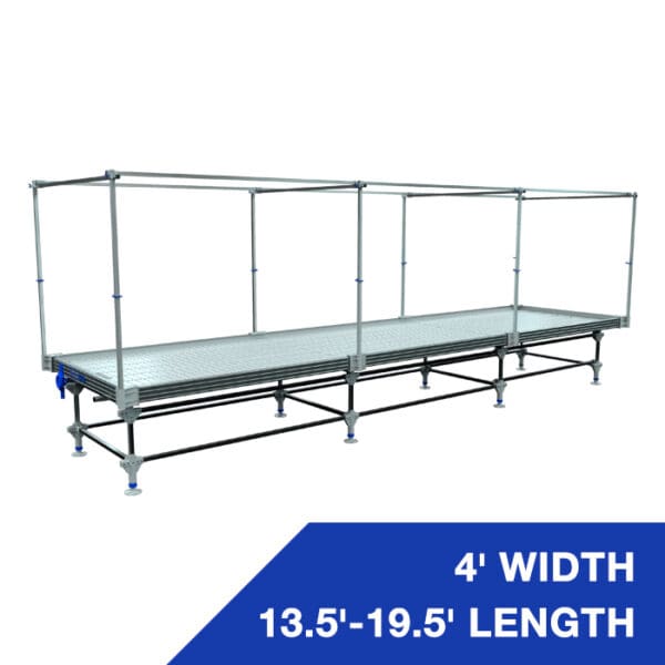 Modular staging unit with adjustable length.