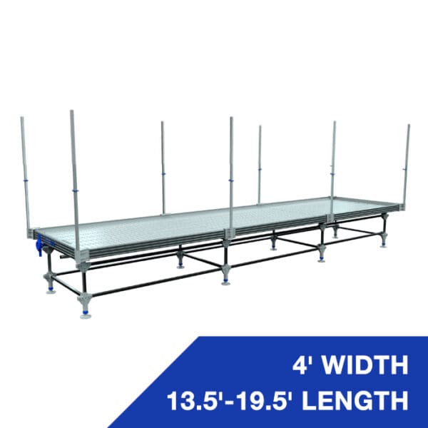 Adjustable scaffolding platform with safety rails.