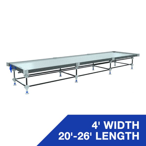 Metal workbench with adjustable length and width.