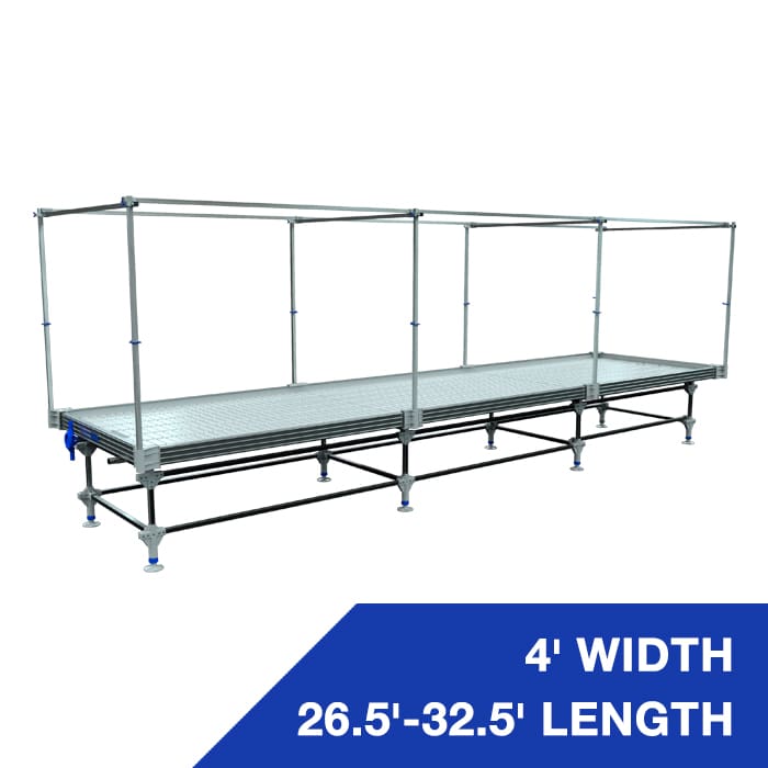 Adjustable metal platform with protective railing.