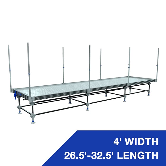 Adjustable scaffolding platform with railings.