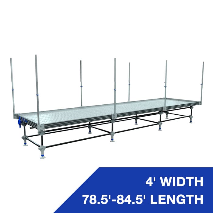 Adjustable scaffolding platform with railings.