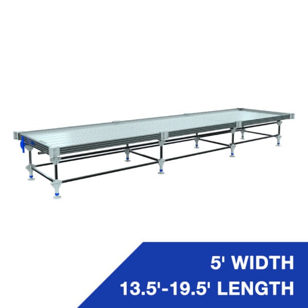 Adjustable metal table with specified dimensions.