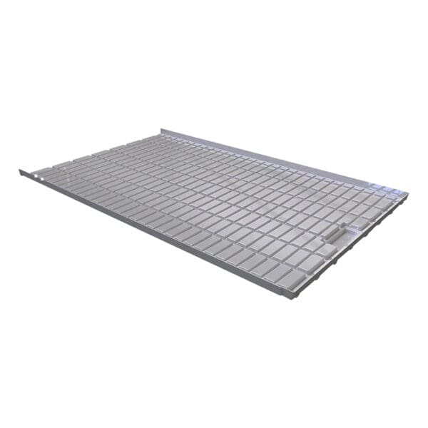 Gray plastic shelf with grid pattern.