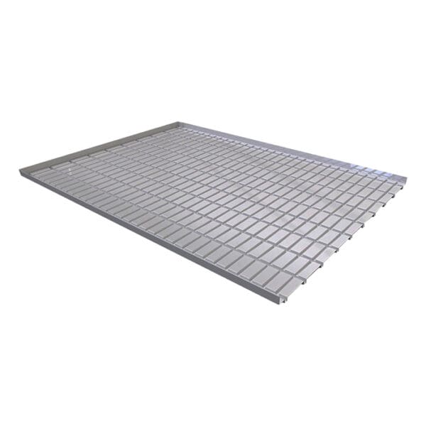 Metal grating panel with rectangular openings.