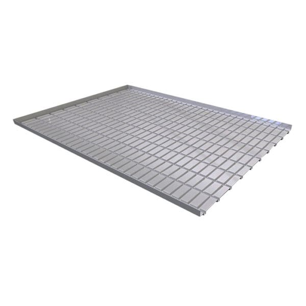 Metal grating panel with square openings.