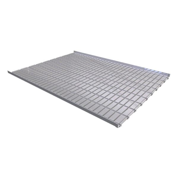 Metal grid flooring panel with rectangular openings.