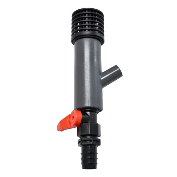 Gray plumbing valve with red handle attachment.