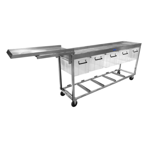 Stainless steel food cart with containers.