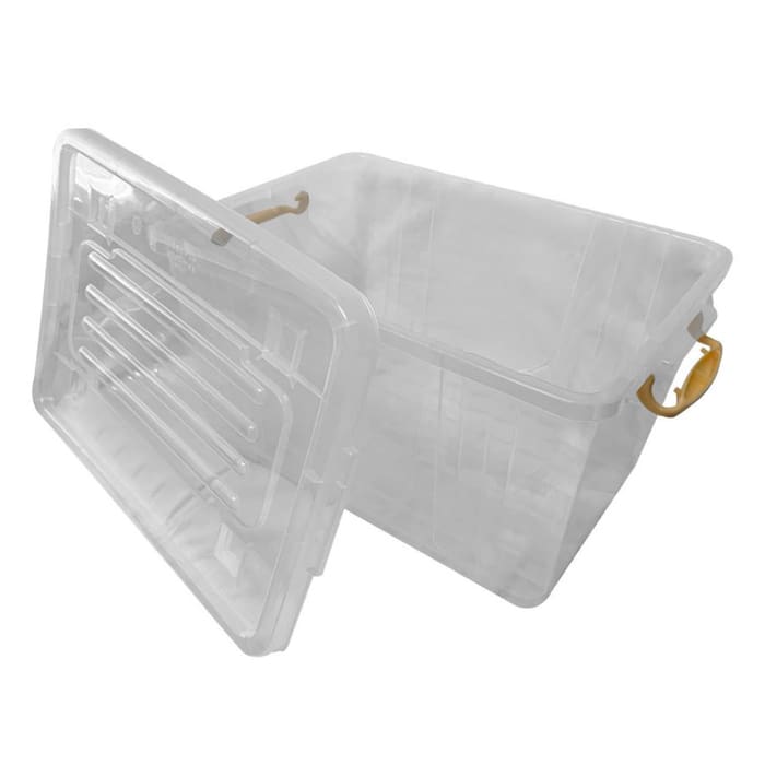 Clear storage box with a removable lid.