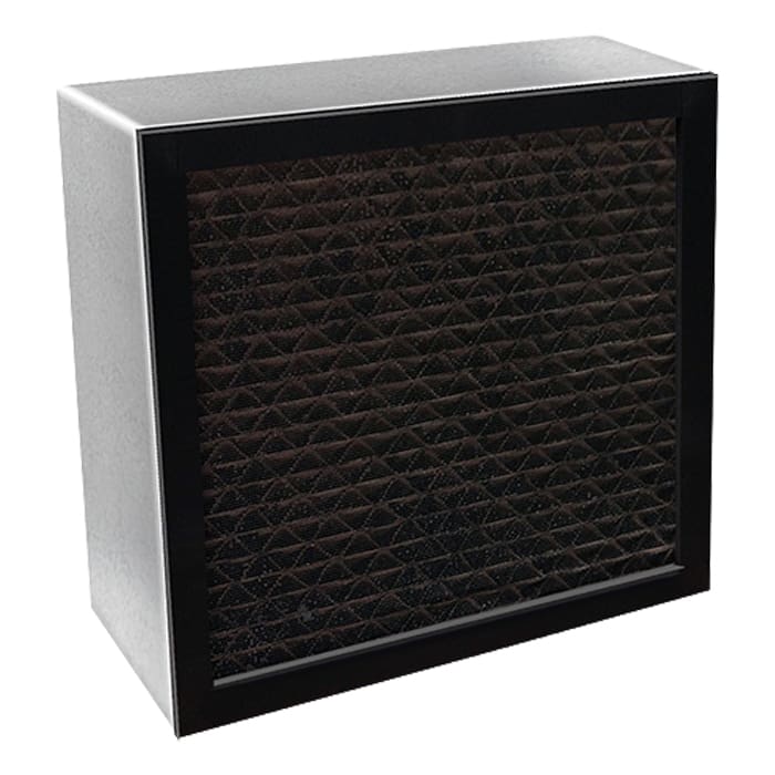 Black air filter with textured grid design.