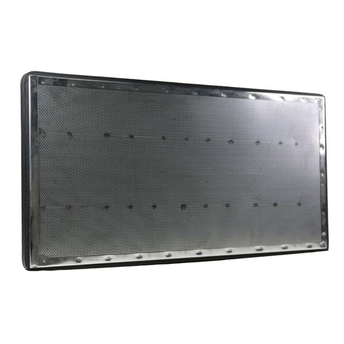 Metal mesh filter with perforated surface.