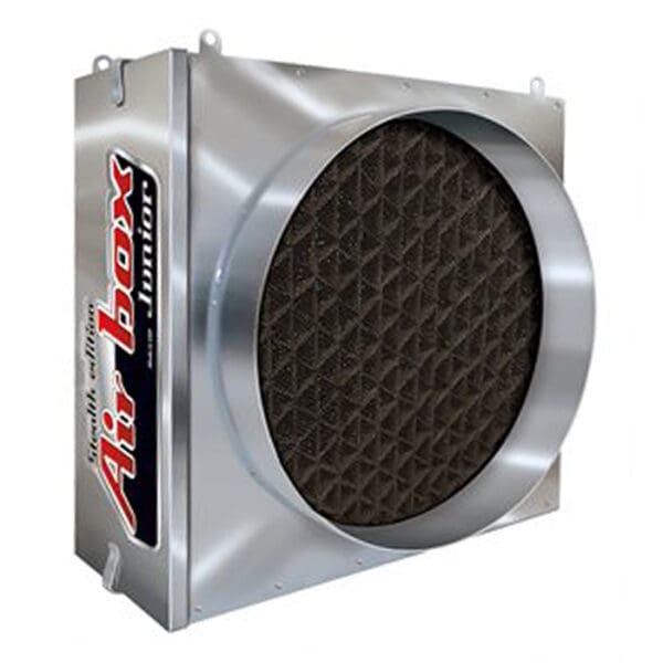 Metal air filter box with logo design.