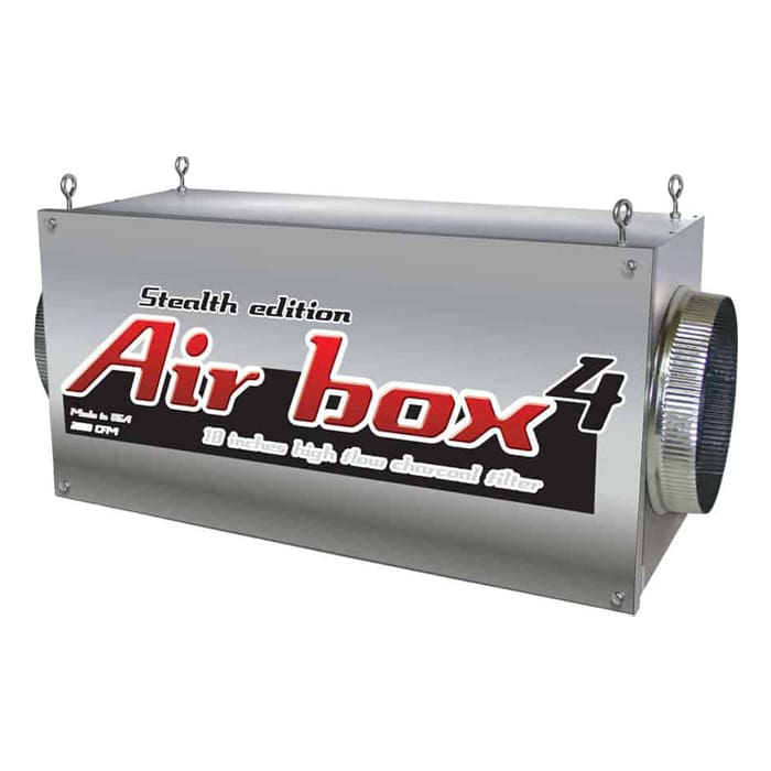 Metallic air filter box with branding.