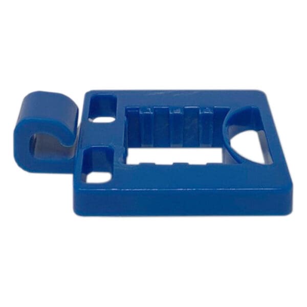 Blue plastic tool with a curved handle.