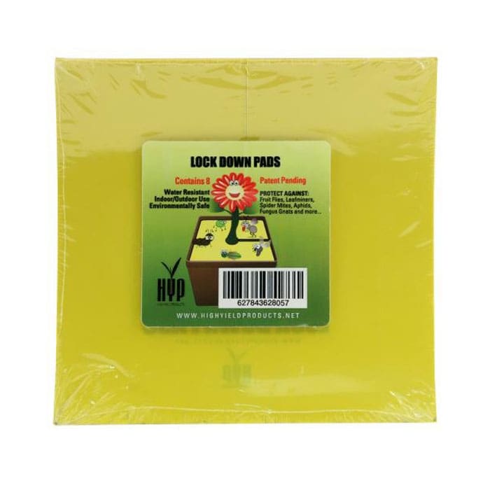 Yellow pest control lock down pads packaging.