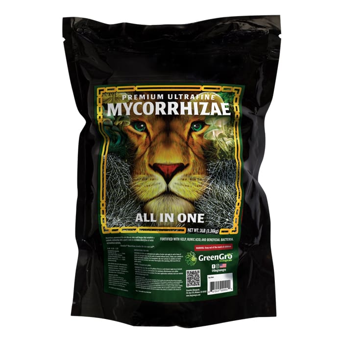 Premium mycorrhizae fertilizer with lion graphic.