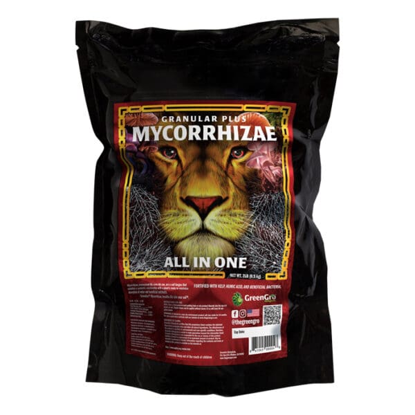 Mycorrhizae plant nutrient bag with lion design.