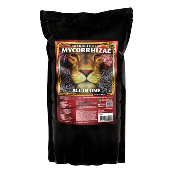 Mycorrhizae granules package with lion graphic.