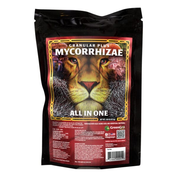 Mycorrhizae product with lion graphic design.