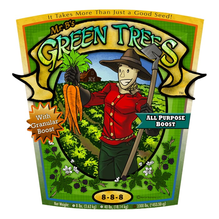 Mr. B's Green Trees fertilizer packaging illustration.