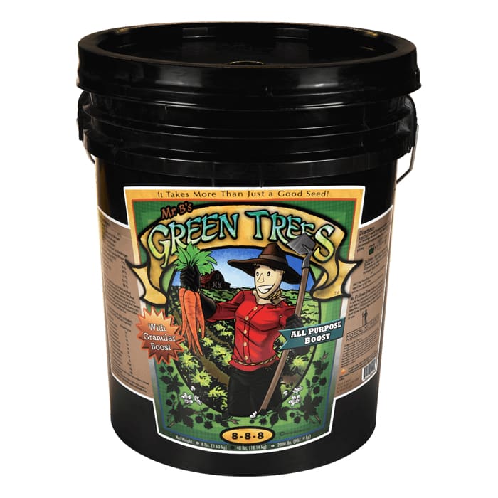 Mr. B's Green Trees fertilizer bucket with label.