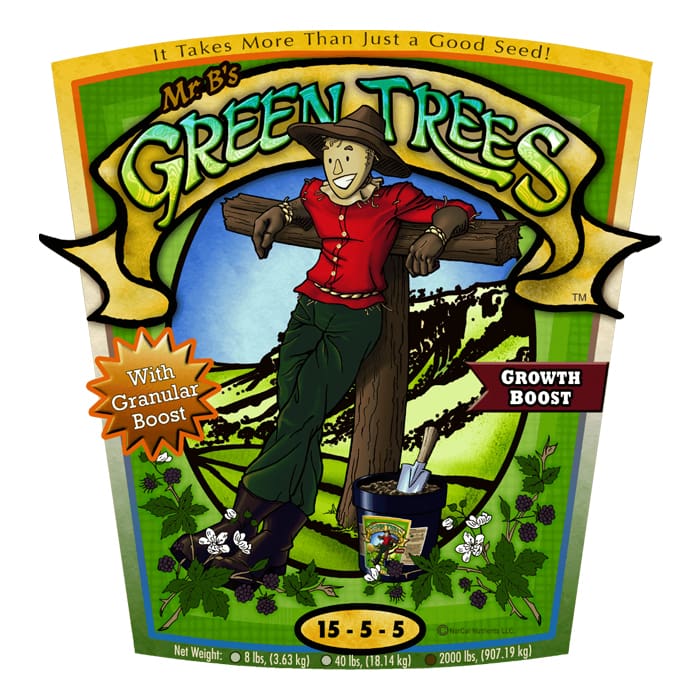 Mr. B's Green Trees fertilizer packaging illustration.