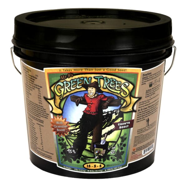 Container of Mr. B's Green Trees fertilizer.