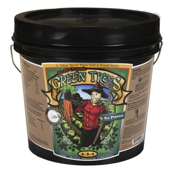 Organic fertilizer bucket with cartoon gardener design.