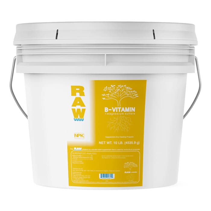 White bucket labeled "RAW B-VITAMIN" 10 lbs.