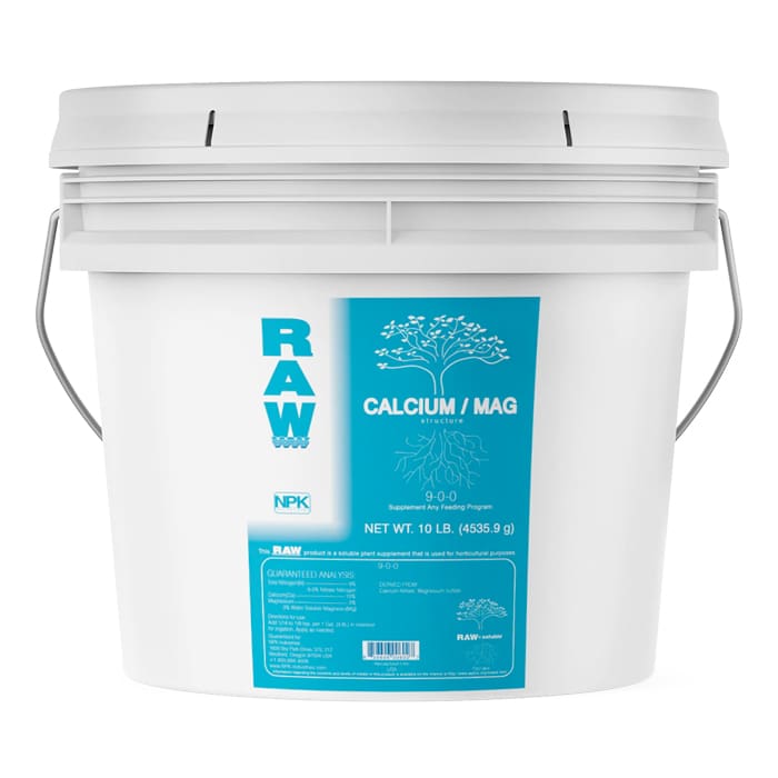 White bucket labeled "RAW Calcium/Mag" 10 lbs.