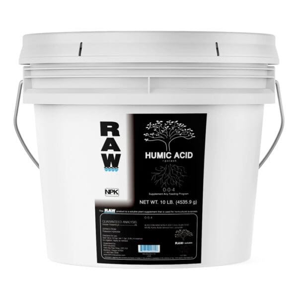 White bucket labeled "RAW Humic Acid."