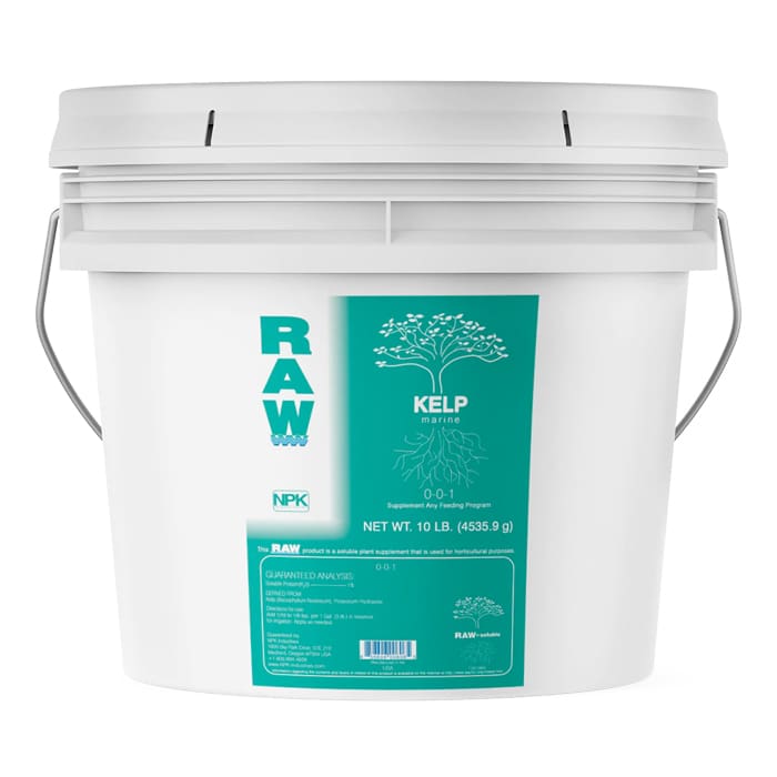 White bucket of kelp nutrient for plants.