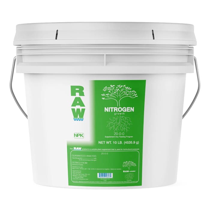 White bucket of nitrogen plant supplement.