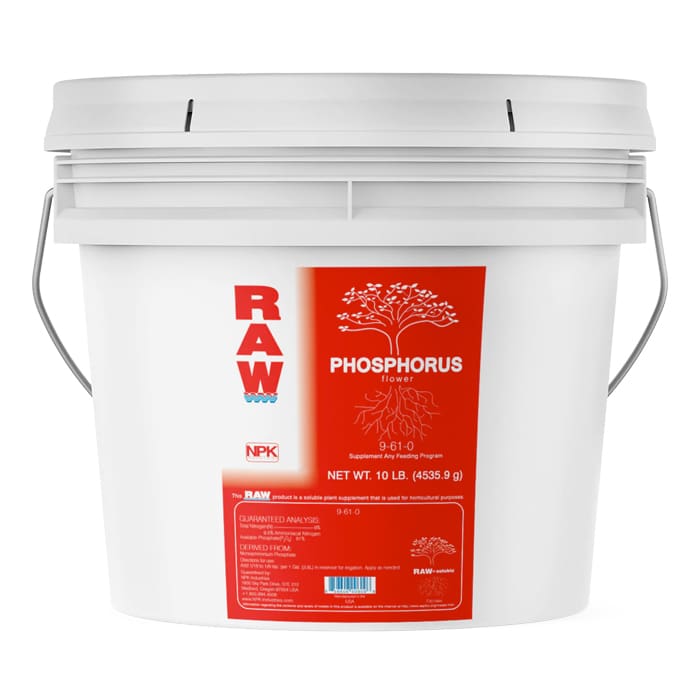 White bucket of RAW phosphorus fertilizer.