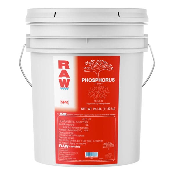 White bucket labeled "RAW Phosphorus fertilizer."