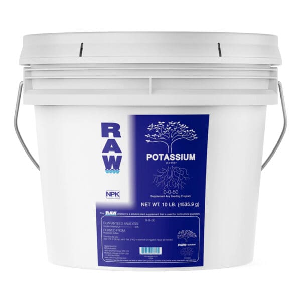 White bucket of RAW potassium powder.