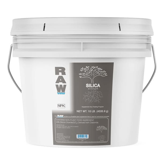 White bucket labeled "RAW SILICA strength."