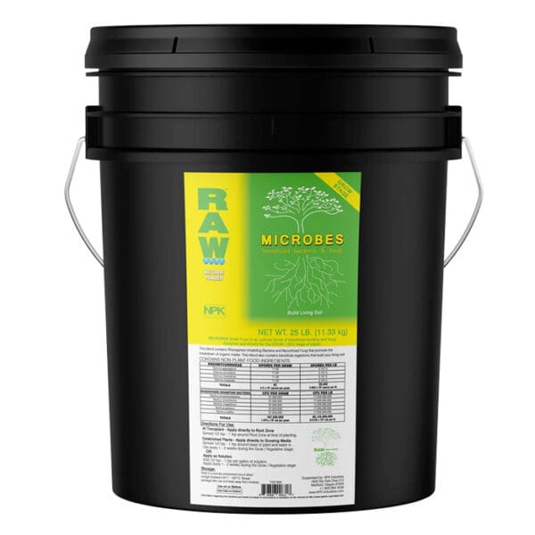 Black bucket labeled "RAW MICROBES" for gardening.