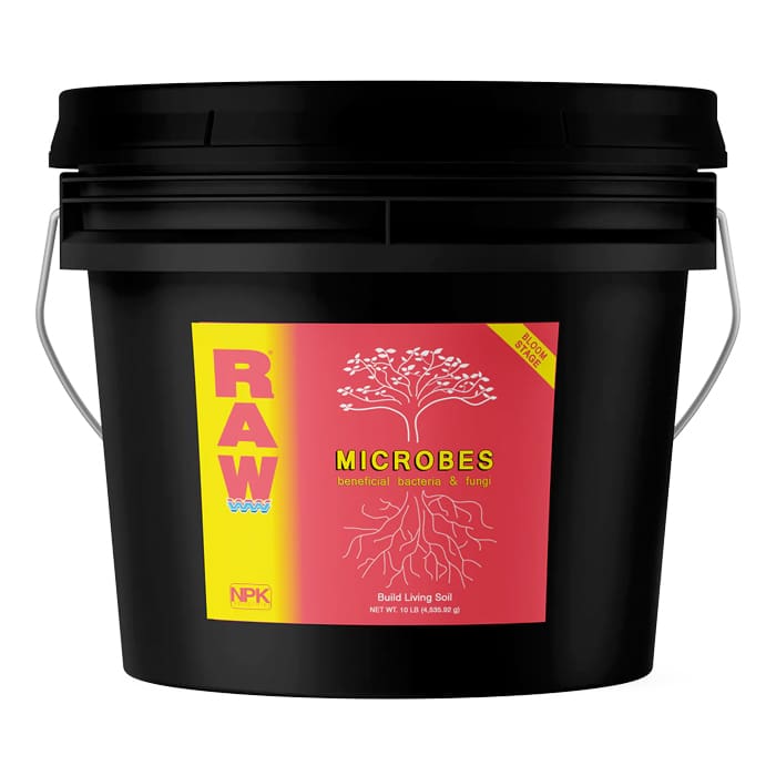 Black bucket labeled "RAW Microbes for soil."