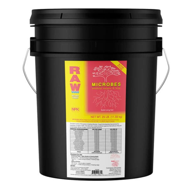 Black bucket labeled RAW Microbes for gardening.