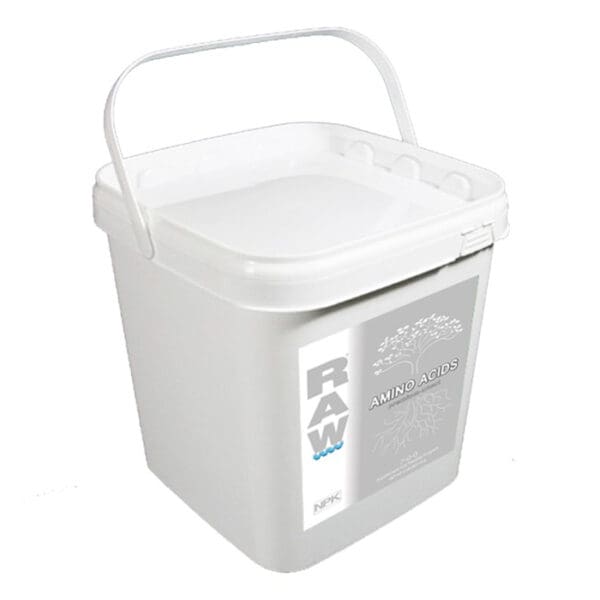 White bucket labeled "RAW AMINO ACIDS."