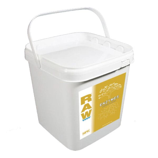 White bucket labeled "RAW Enzymes" product.