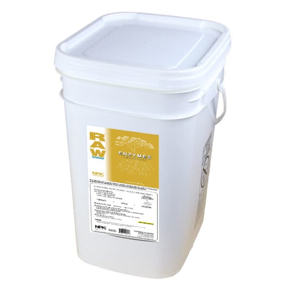 White bucket labeled "RAW Enzymes."