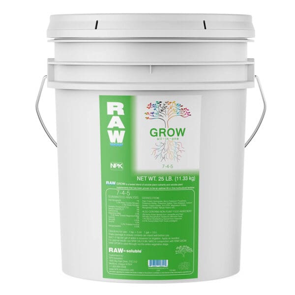 White bucket of RAW Grow nutrient.